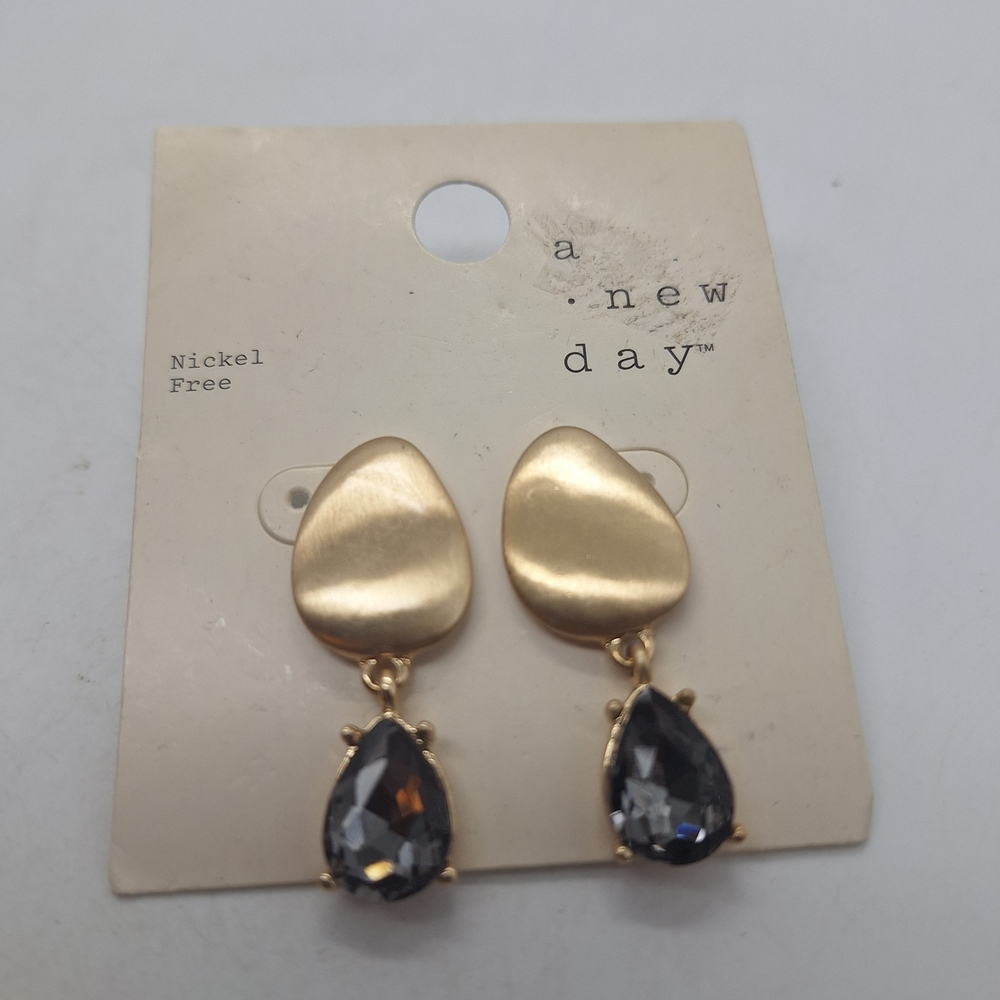 A new day  Gold Tone Black Faux Gem Teardrop Dangle Earrings